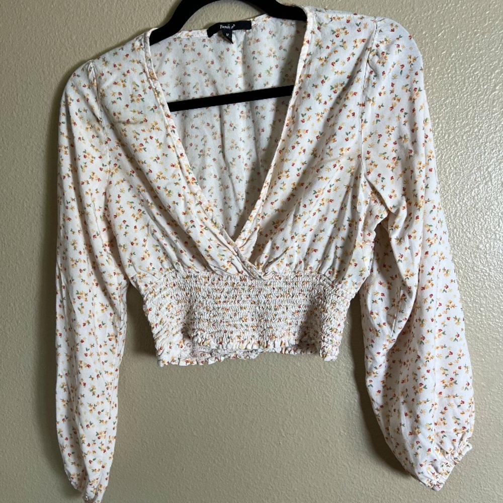Papaya vtg Long Sleeve Cropped‎ V neck Floral medium picnic romantic top fairy